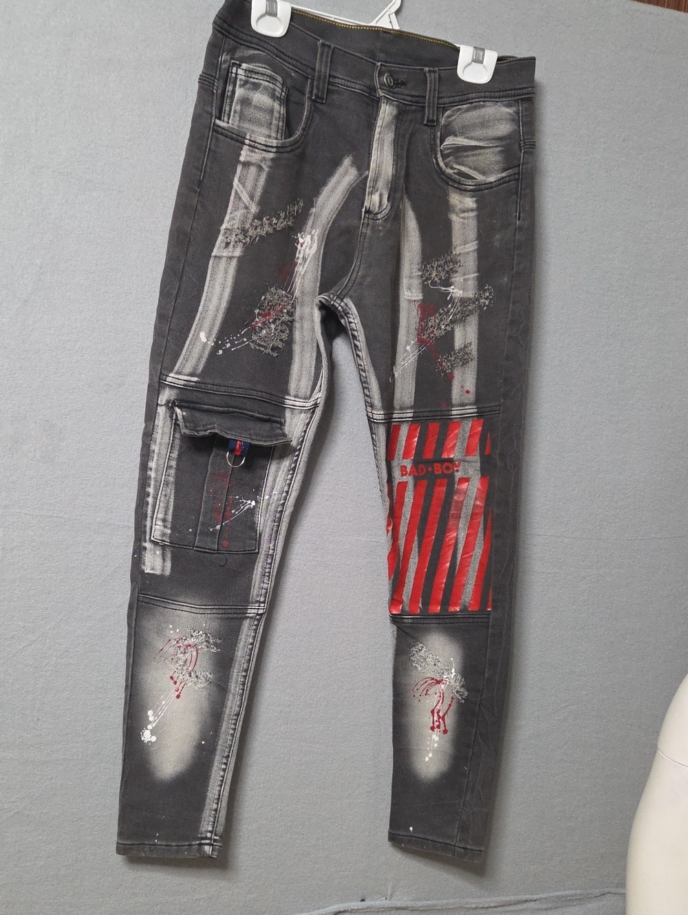 Men's Unbranded Slim Jeans, Black and Red, Distressed Graphic Print 30x28